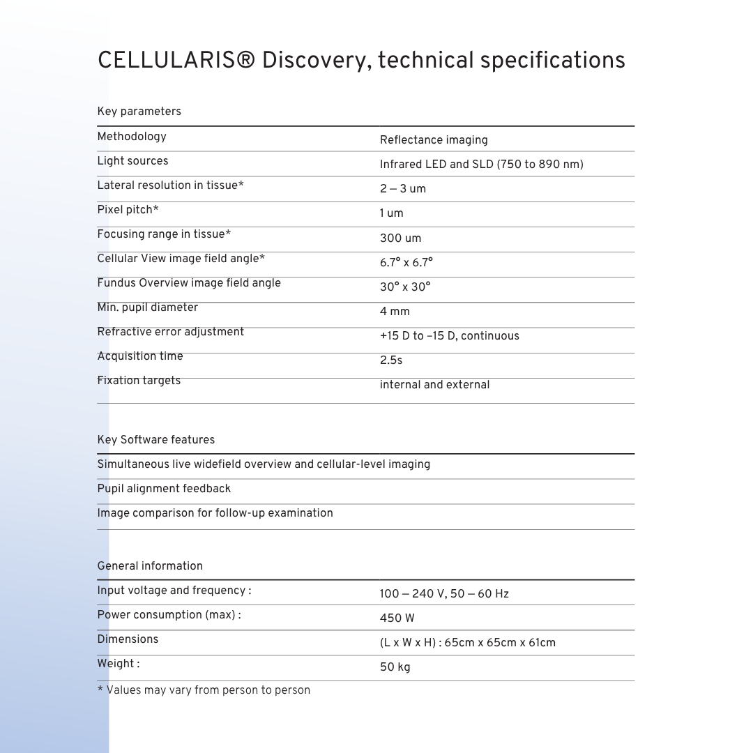 Technical specifications sheet for CELLULARIS® Discovery by EarlySight, detailing imaging methodology, resolution, acquisition time, software features, and physical dimensions of the ophthalmic device.