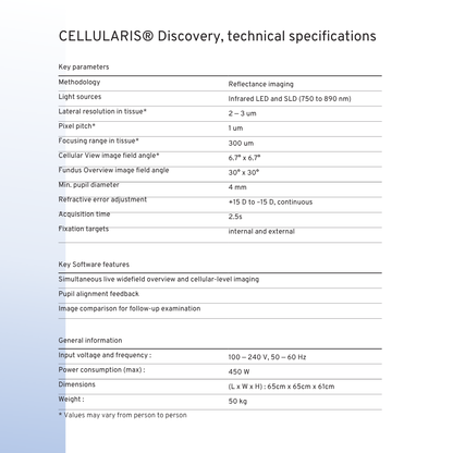 Technical specifications sheet for CELLULARIS® Discovery by EarlySight, detailing imaging methodology, resolution, acquisition time, software features, and physical dimensions of the ophthalmic device.